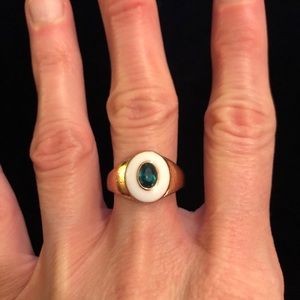 Elegant Gold and White Ring with Emerald Green Faux Gemstone